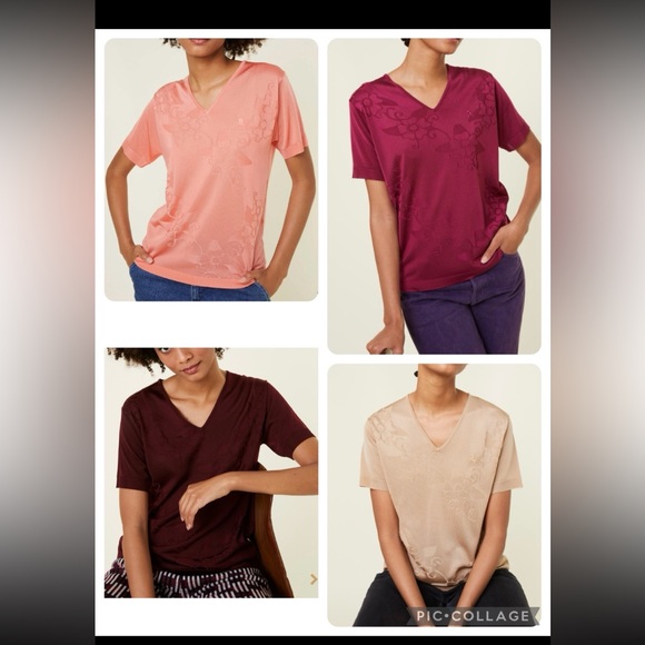 6- MONTAGUT PARIS Navy Floral POLYAMIDE V-Neck Top - Picture 7 of 8